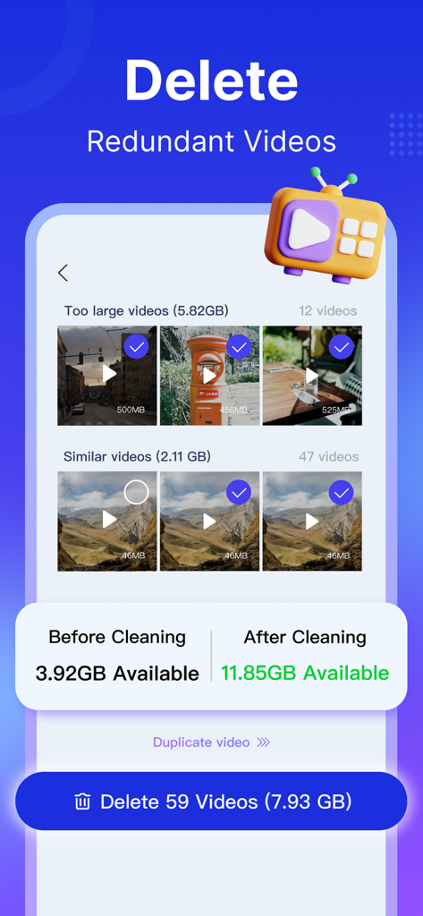 GoCleaner 앱 인터페이스: 중복 및 대용량 동영상 삭제하여 휴대폰 저장 공간 늘리는 기능 표시