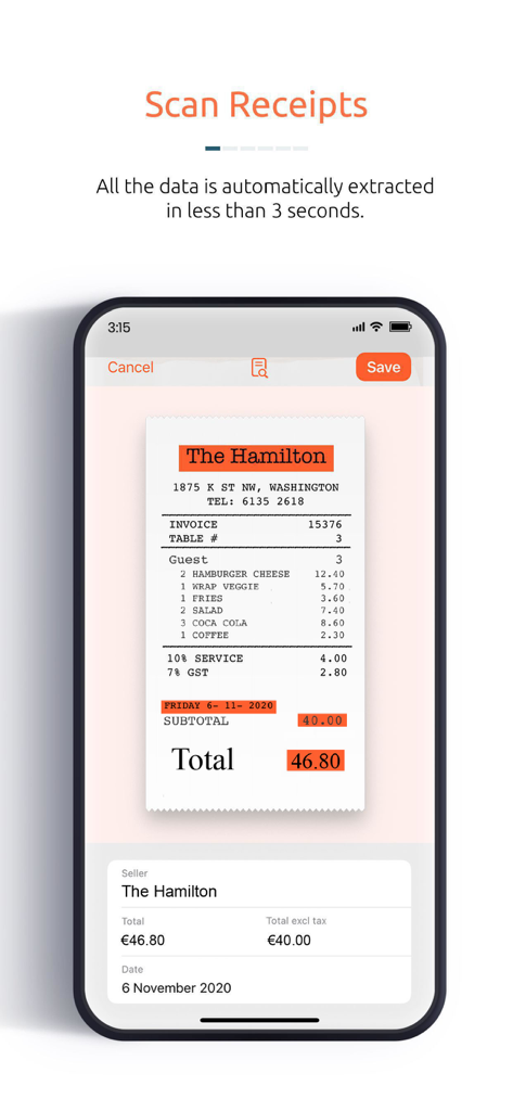 Capture d'écran de l'application Jenji montrant la numérisation automatique des reçus et l'extraction des données