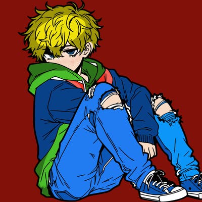 a male hoddie ripped jeans messy hair anime