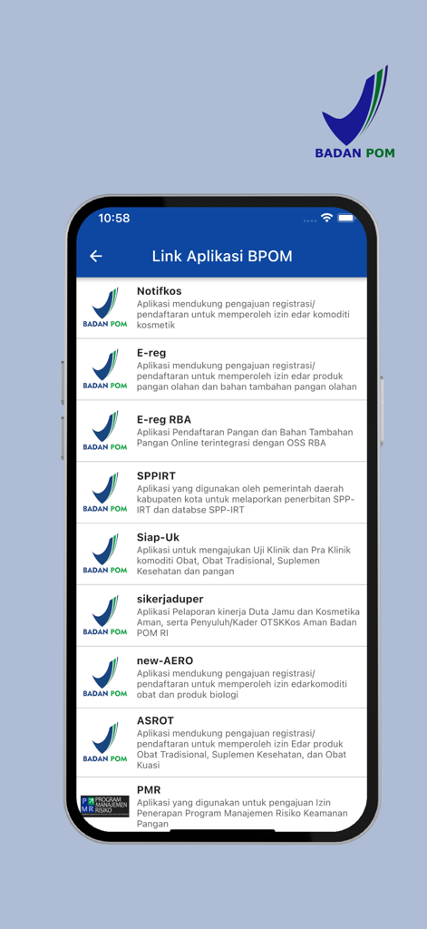 BPOMモバイルアプリのスクリーンショット。さまざまなインドネシアの食品医薬品規制サービスへのリンクメニューが表示されています。