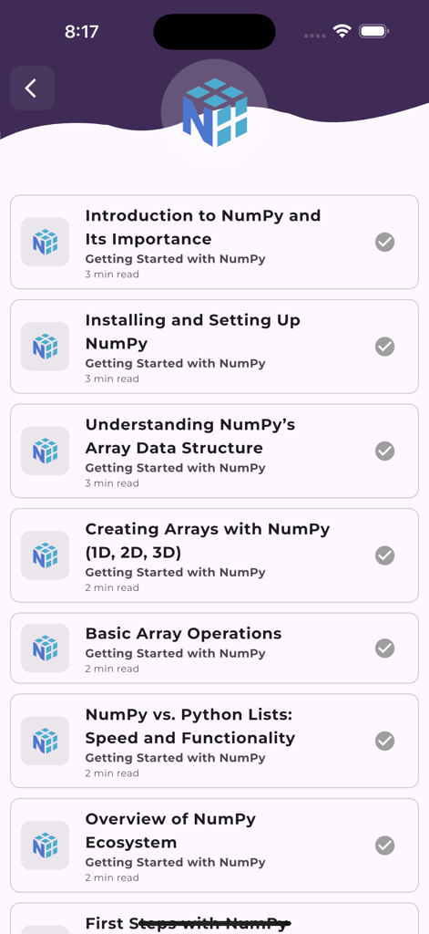 Learn NumPy - Pantalla móvil que muestra una lista de módulos de tutoriales de NumPy que incluyen Introducción y Operaciones con Arrays