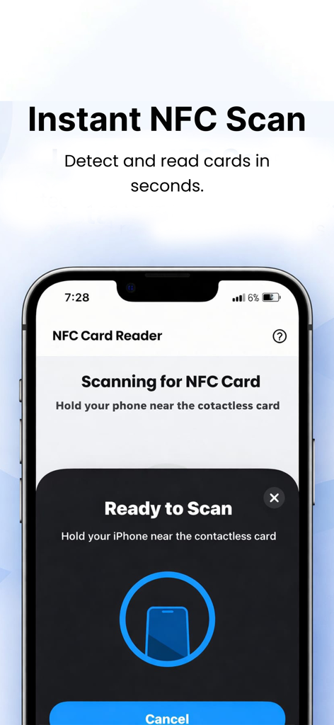 NFC Reader & Card Wallet - Schermata dell'iPhone che mostra la funzione di scansione NFC istantanea dell'app Lettore NFC