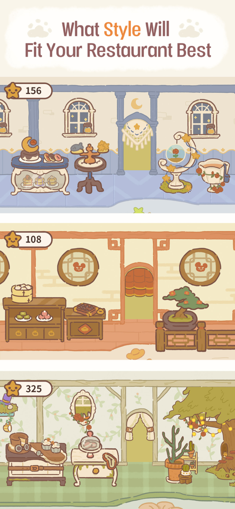 animal restaurant - Un confronto di tre diversi temi di decorazione d'interni per il gioco Animal Restaurant