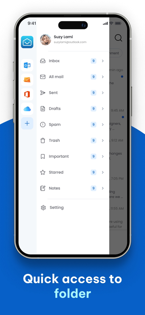Email App for Hotmail - Interfaz de la app móvil que muestra una barra lateral con acceso rápido a carpetas de correo como Bandeja de Entrada, Enviados y Borradores