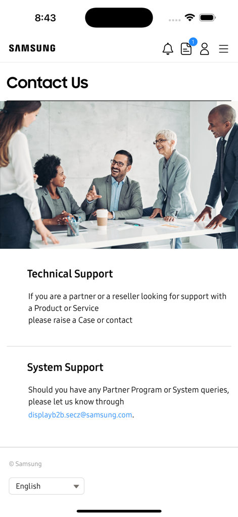 Samsung Partner Portal - Contact Us page of the Samsung Partner Portal app showing technical and system support options for B2B partners