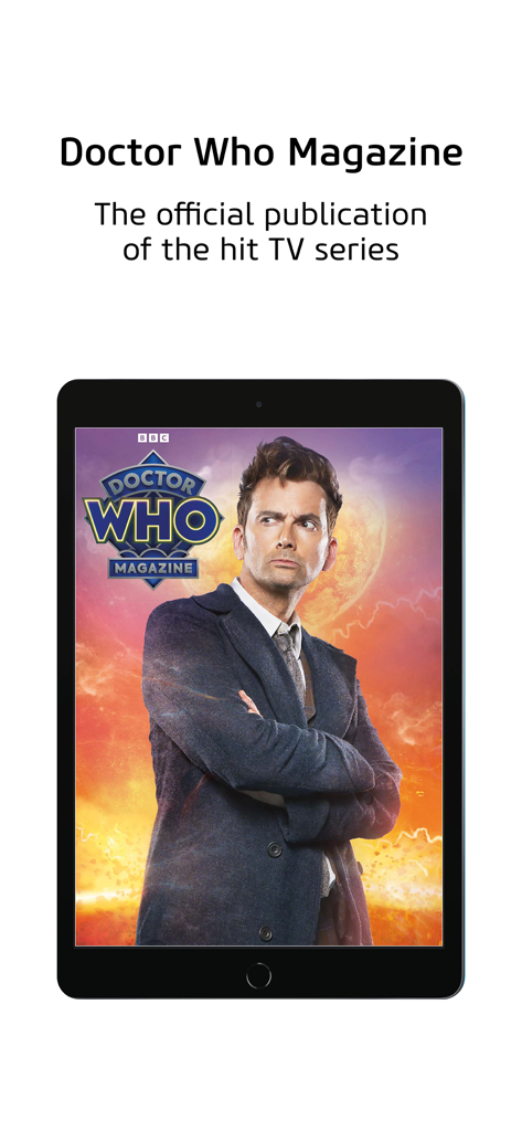 L'écran d'une tablette affiche la publication officielle du magazine Doctor Who, avec le Docteur en couverture.
