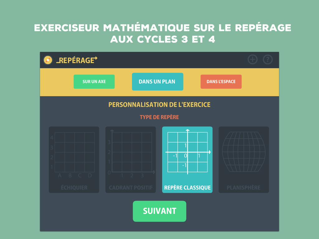 Repérage - Interface da aplicação Repérage mostrando opções para personalizar exercícios de matemática num plano 2D com vários tipos de grelha, como clássica ou tabuleiro de xadrez.