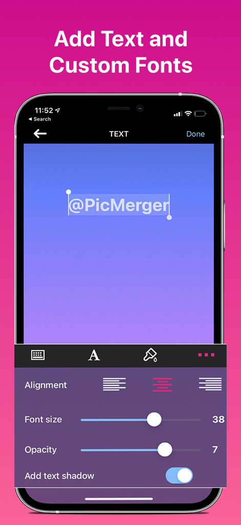 PicMerger Edit Pics & Collages - Mobile app interface showing text editing tools and custom font options in PicMerger