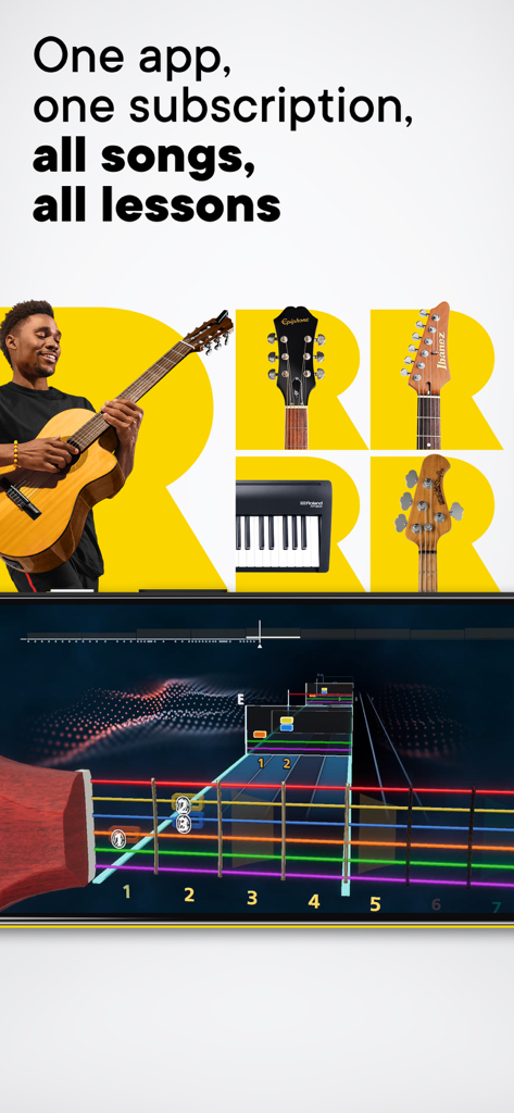 Rocksmith plusアプリ。ゲーミフィケーションされたビジュアルインターフェースでギターとピアノのレッスンが表示されています。