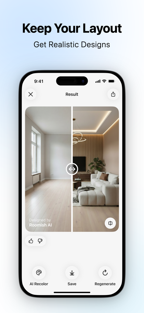 Home & Room AI Interior Design - 空の部屋と、元のレイアウトを維持しながらAI生成されたモダンなリビングルームのインテリアデザインの比較（ビフォーアフター）
