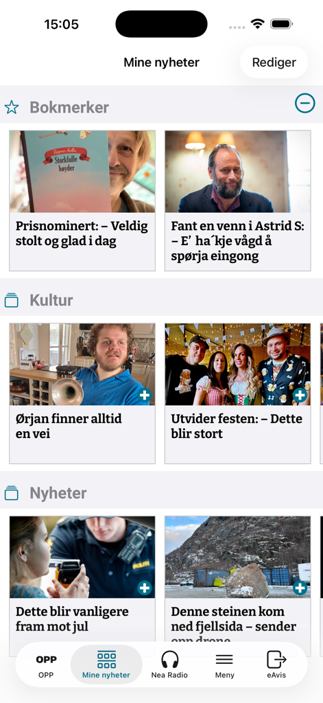 OPP Nyheter - Captura de tela do feed de notícias do aplicativo móvel OPP Nyheter mostrando seções para Marcadores, Cultura e Notícias com histórias locais e uma barra de navegação.