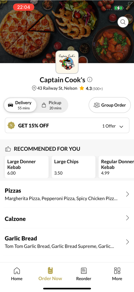Captain Cook's - Captain Cooks food ordering app showing menu categories and delivery details
