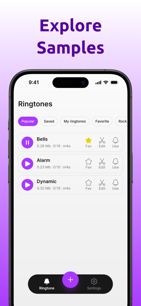 Ringtone Maker & Custom Tones - iPhone interface showing a library of popular custom ringtone samples with options to edit and set as alarm