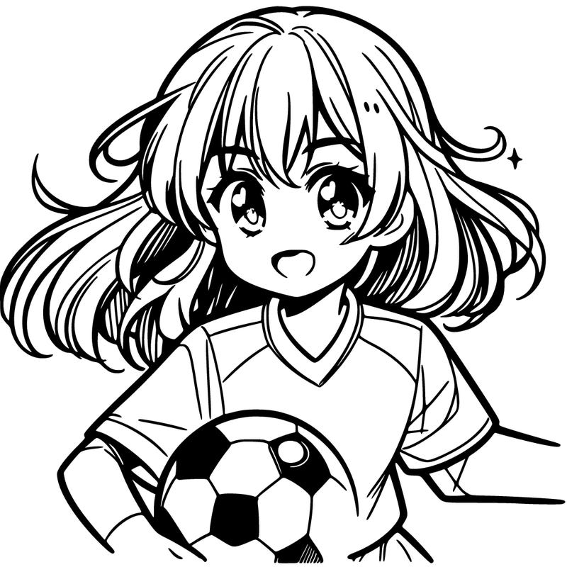 a magna girl with brown eyes and blue and brown hair playing soccar
