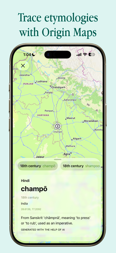 LookUp: English Dictionary - LookUp app feature showing the etymology of the word shampoo on a map of India