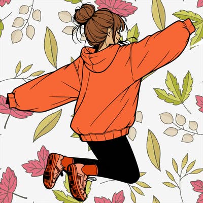 realistic girl jumping with a bun and oversized sweatshirt