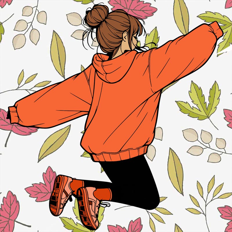 realistic girl jumping with a bun and oversized sweatshirt