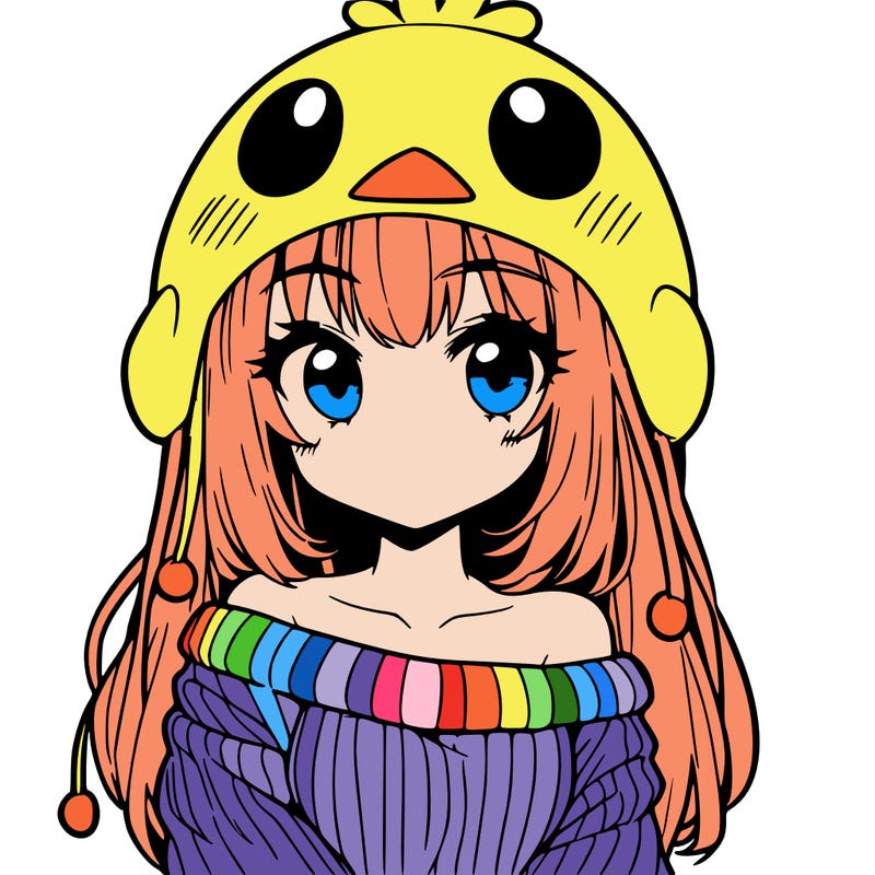 anime girl with chick shaped hat with sweater with bare shoulders with bangs covering them one eye with low tail