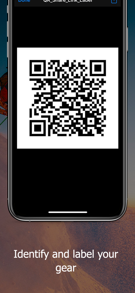 A smartphone screen displaying a QR code for identifying and labeling technical equipment within the GearLog app.