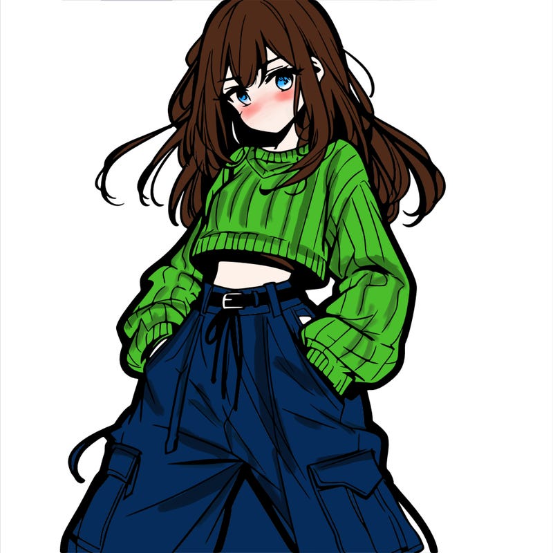 anime teen girl with baggy pants and crop top with sweater