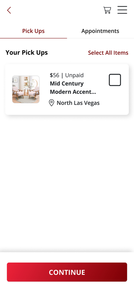 Aplicación móvil Nellis Auction que muestra la interfaz Tus Recogidas con un artículo ganado y la ubicación