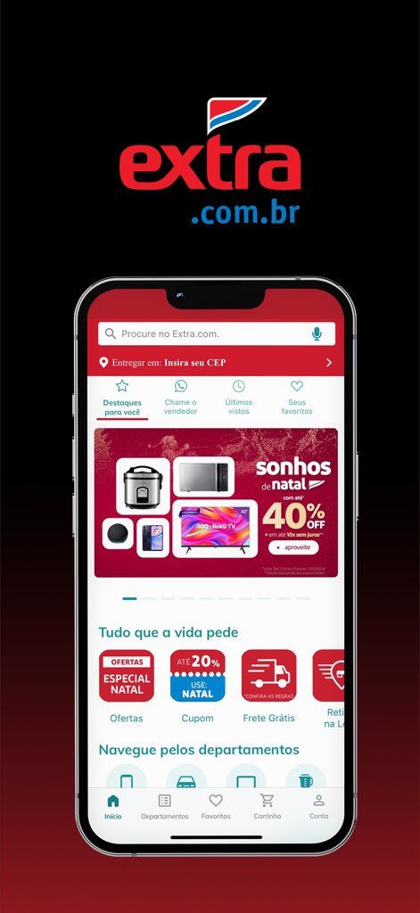 Extra: Loja online com ofertas - Pantalla de inicio de la aplicación Extra mostrando ofertas navideñas en electrónicos y electrodomésticos