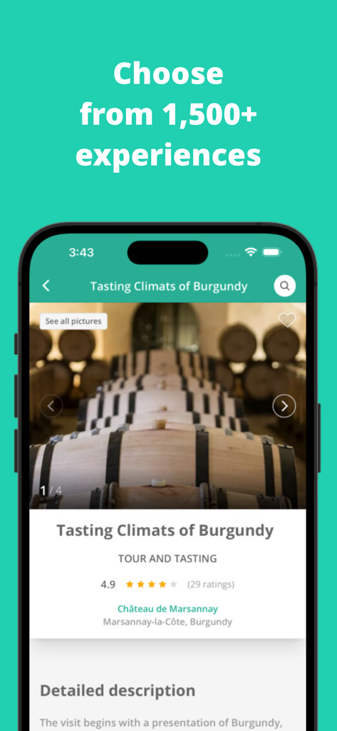 Rue des Vignerons - Rue des Vignerons app screen showing a wine tasting experience in a Burgundy cellar with oak barrels