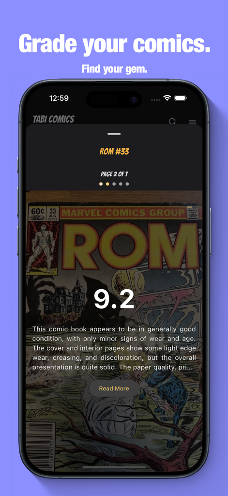 Tabi Comic Collection - Tabi Comics app grading screen showing a 9.2 rating for a ROM comic book