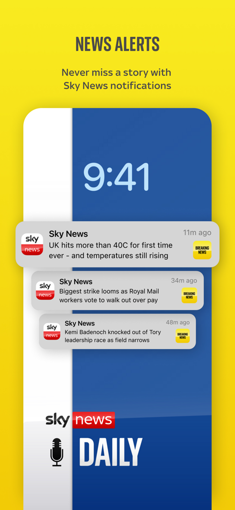 A smartphone lock screen displaying multiple breaking news notifications from the Sky News app