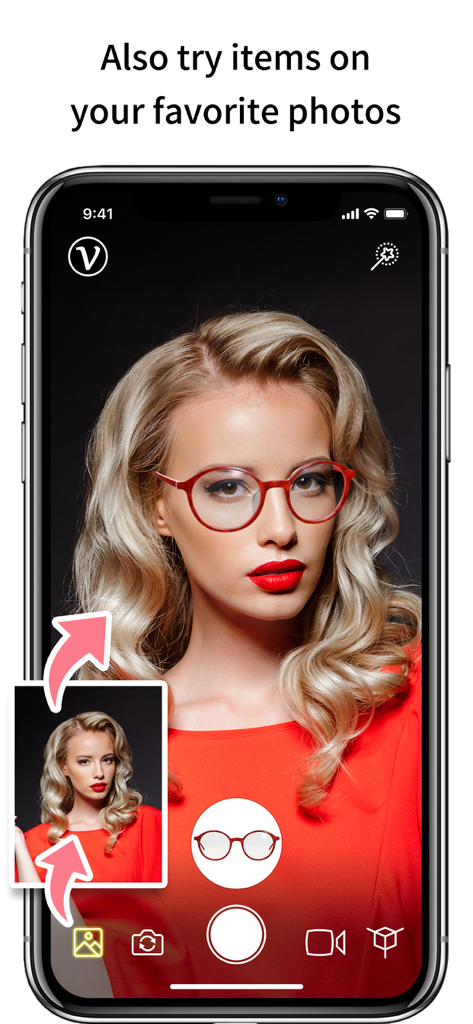 VirTry - 3D Fitting of Glasses - Smartphone screen showing the VirTry app where a woman is virtually trying on red frame glasses using a photo