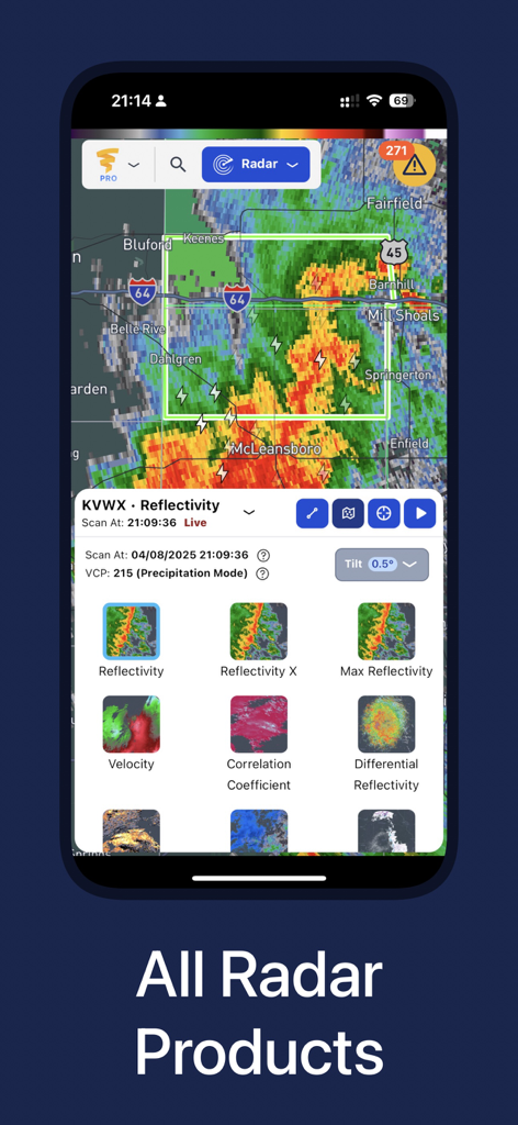 A smartphone display of the WeatherWise app showing a storm map and a selection of professional radar products like reflectivity and velocity