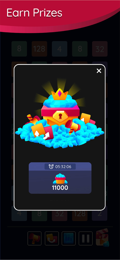 Earn prizes screen with treasure chest and blue gems in 2248 number puzzle game