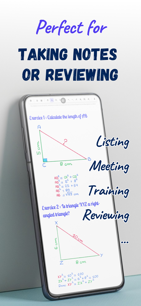 Whiteboard Pro - Collaborative - Whiteboard Pro app on a smartphone screen showing geometry triangle exercises and math formulas for student reviewing and note taking
