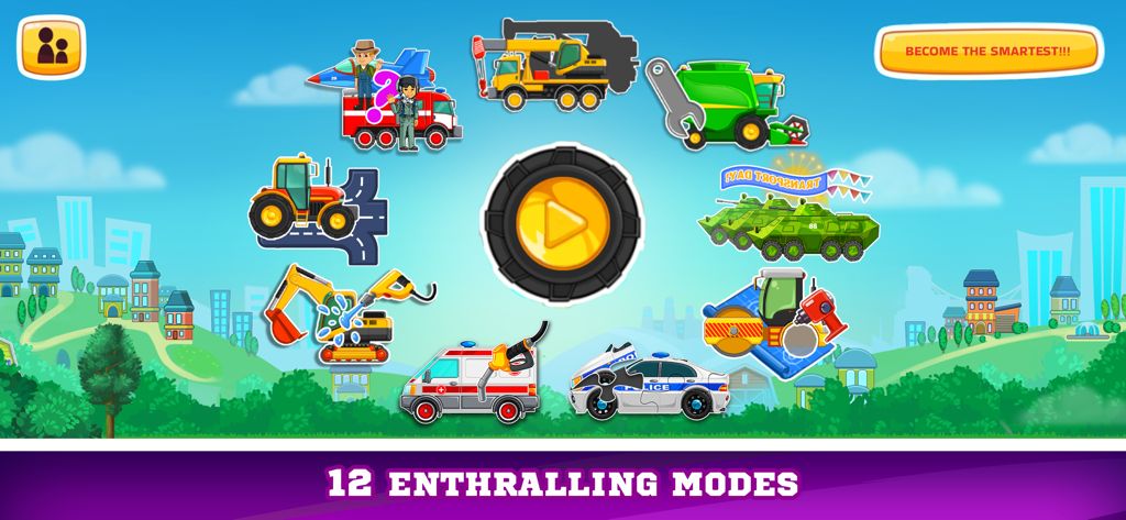 Main menu of a kids educational game showing 12 different vehicle activity modes.