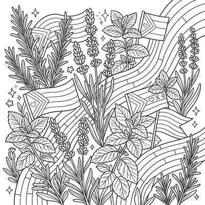 Immerse yourself in a garden of fragrant herbs beautifully intertwined with symbols of Pride. This intricate coloring page invites you to celebrate diversity and the beauty of nature with every stroke.