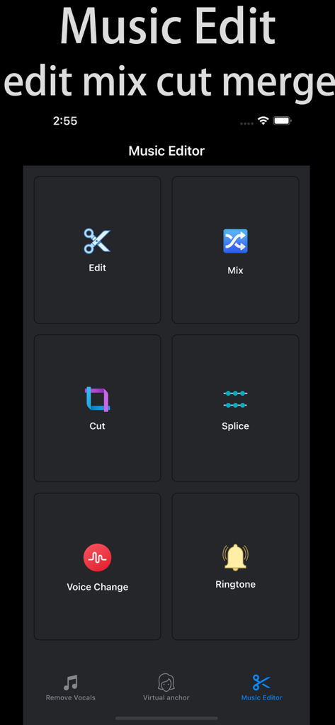 Remove Vocals-vocal extractor - Music Editor screen with tools for editing mixing and cutting audio