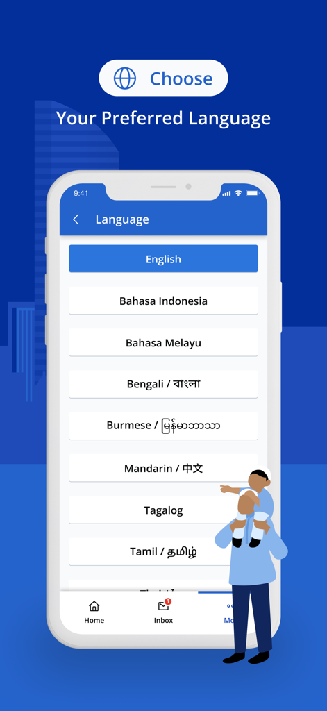 SGWorkPass-App-Bildschirm mit dem Sprachauswahlmenü und mehreren Sprachoptionen wie Englisch, Mandarin und Tagalog.