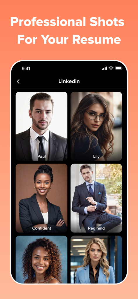 GoPhoto:AI Photo & Video Maker - A mobile app interface displaying a grid of AI-generated professional headshots for LinkedIn and resumes.