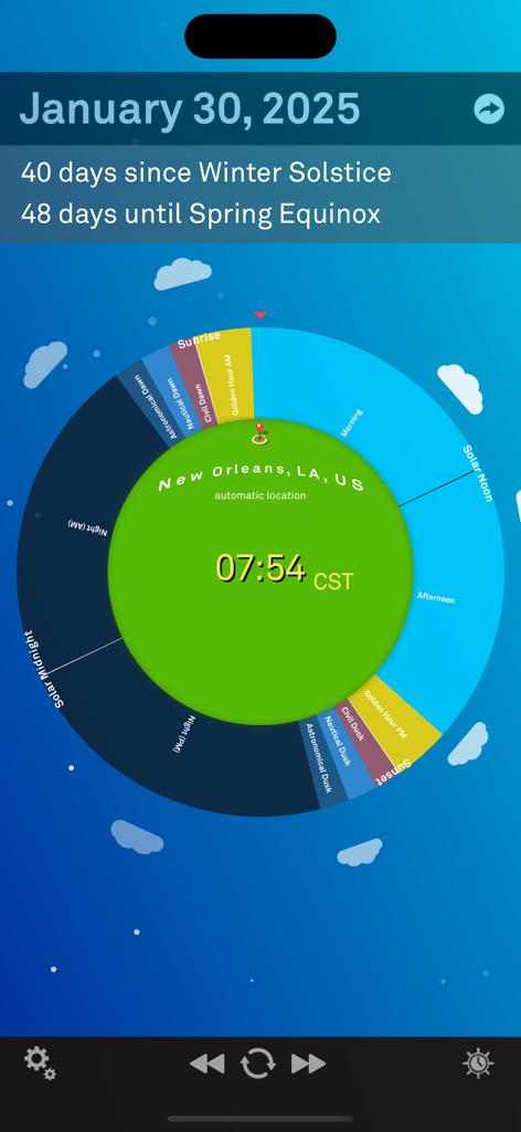 Sol: Sun Clock - Interfaz de la aplicación Sol Sun Clock que muestra eventos solares en un reloj de sol circular