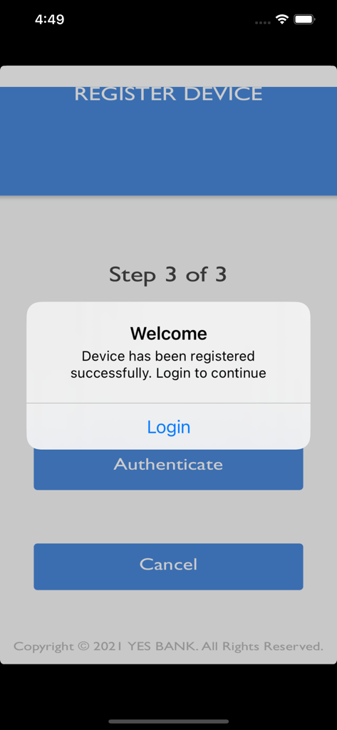 YES Biz Online - A confirmation popup on the YES Biz Online app stating that the device has been registered successfully.