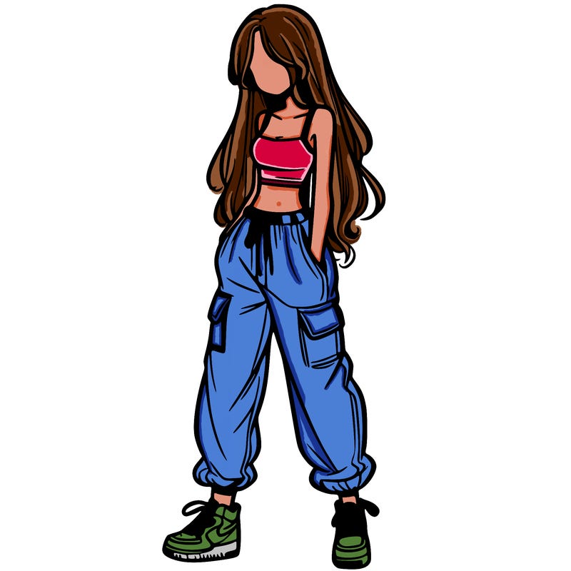 girl in baggy pants crop top and long hair