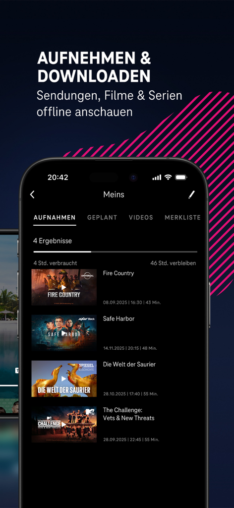 MagentaTVアプリのインターフェース、保存されたテレビ番組のリストが表示された録画およびオフラインダウンロードセクションを表示