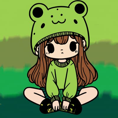 a girl wearing a frog hat and some frog socks