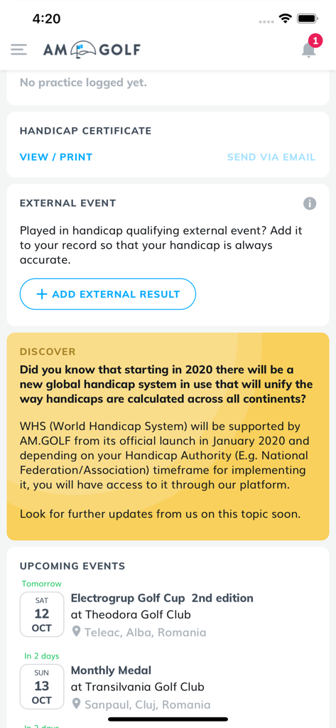 AM Golf - AM Golf app dashboard featuring handicap management and upcoming amateur events