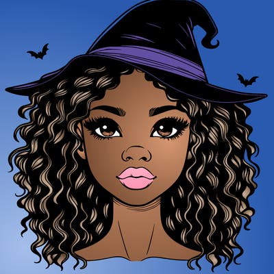 realistic black girl with wavy hair and witch hat and nose and lips