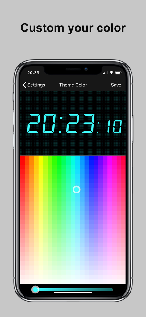 Bedside Clock - Time widgets - iPhone-Bildschirm zeigt die Benutzeroberfläche der Bedside Clock App mit einer großen digitalen Zeitanzeige und einer Regenbogen-Farbauswahl zur Themenanpassung