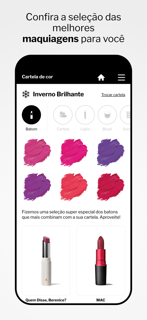 Resolva - Guarda Roupa Virtual - Tela do aplicativo Resolva exibindo recomendações de batom e amostras de cores para a paleta de cores sazonal Bright Winter.
