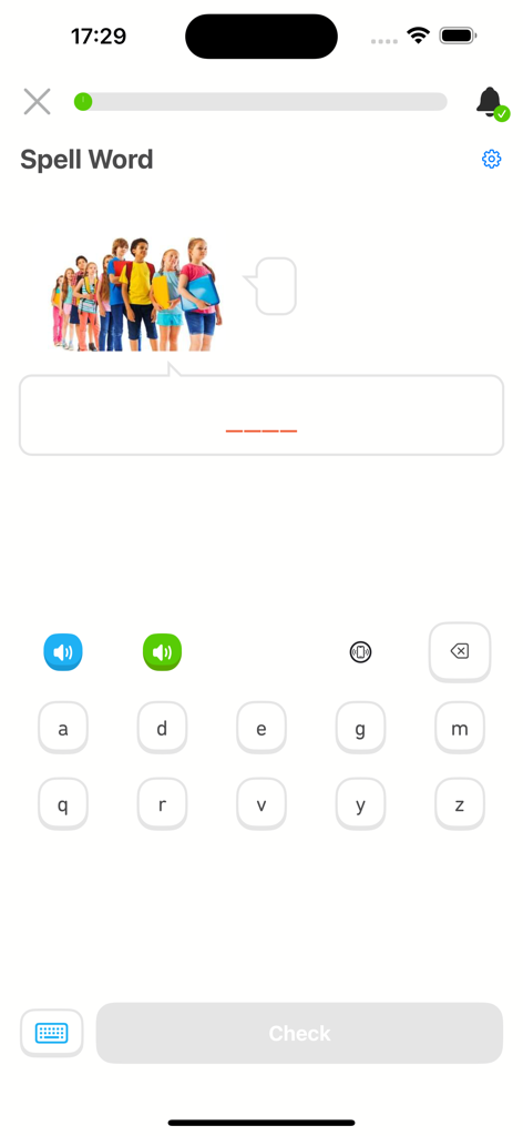 4000 Essential English Words ⑸ - Pantalla de ejercicio de ortografía de palabras que presenta un grupo de estudiantes y una interfaz de selección de letras