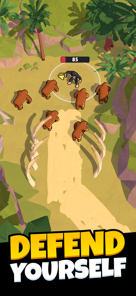 A primitive human character fighting in a jungle setting with the text Defend Yourself
