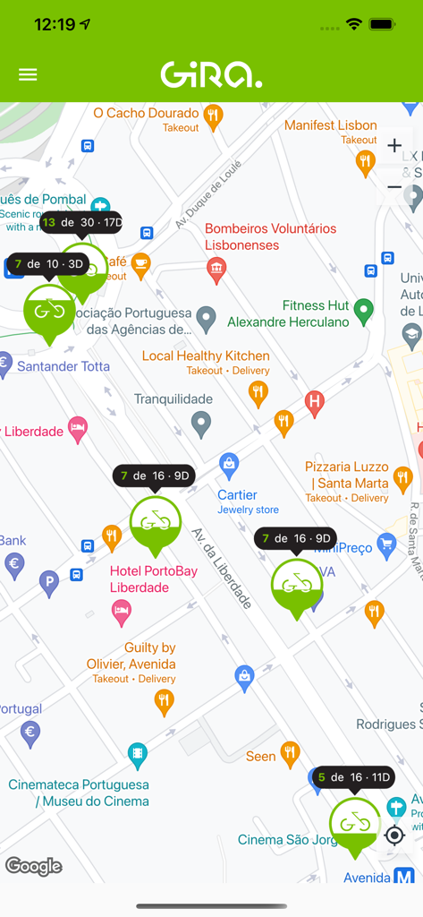 Map view of the Gira app showing bike sharing stations and availability in Lisbon